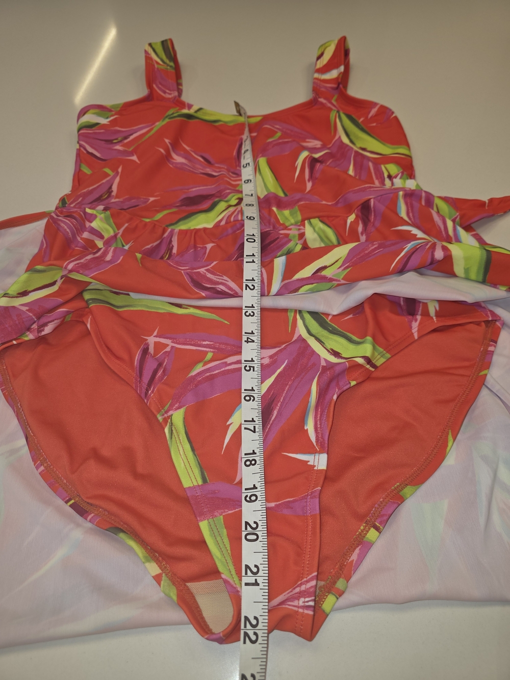 Old Navy Coral Tropical One-Piece Swimsuit with Lime & Pink Leaf Print - Picture 6 of 15